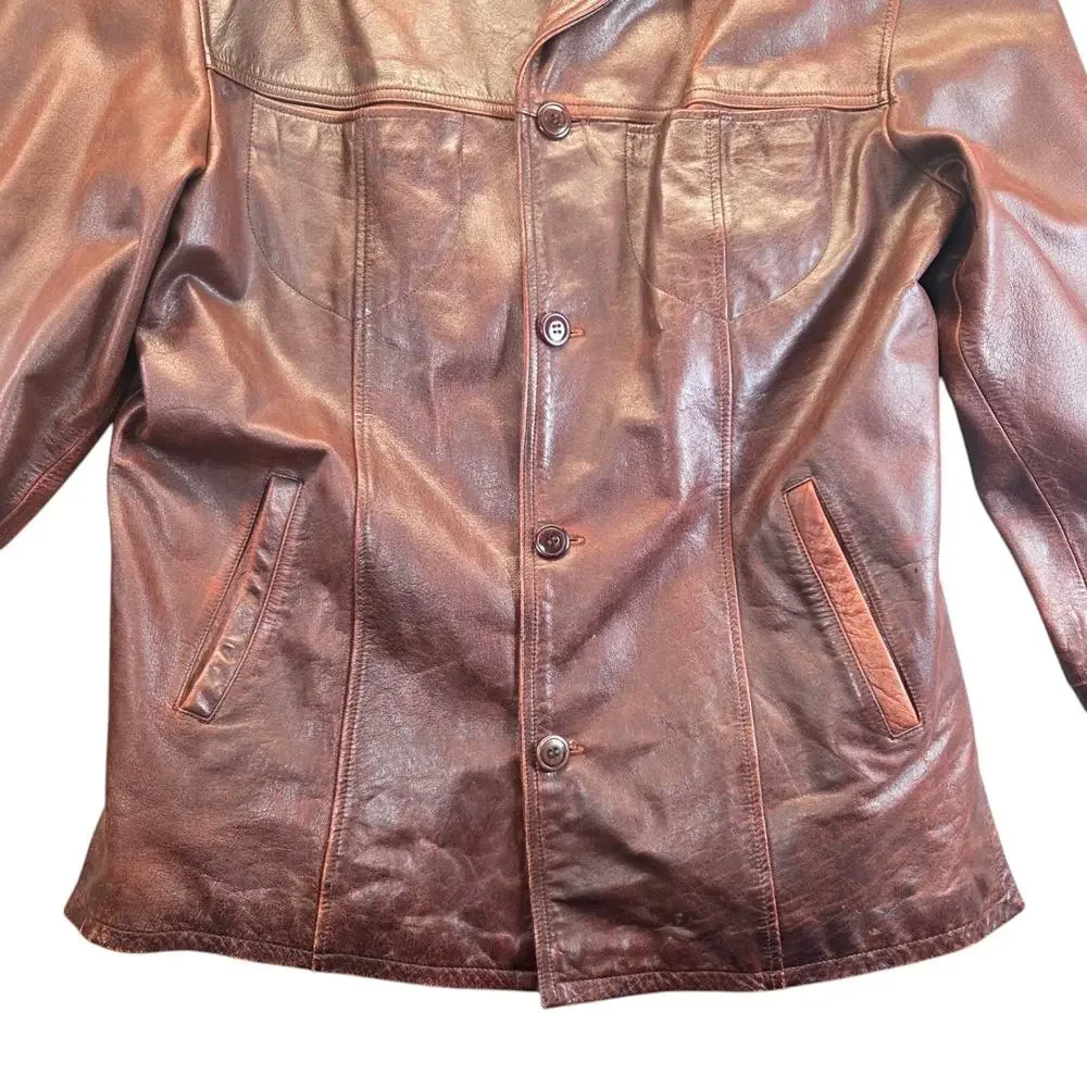 Vtg 90's WILSONS‎ Leather PATINA Coat LARGE JULIAN Brown Baggy Heavy Jacket
